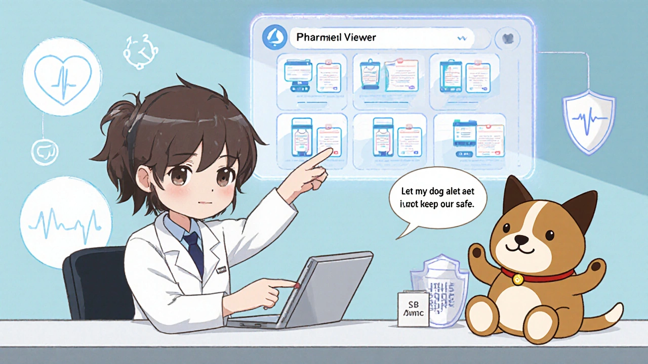 Friendly pharmacy tech uses a holographic Clinical Viewer to check a patient&#039;s medication history, with cartoon medical icons around them.