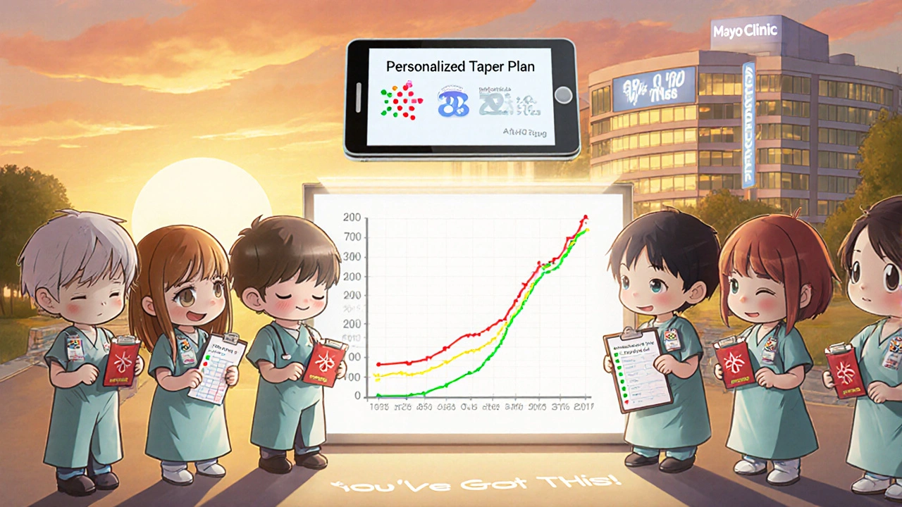 Group of chibi patients holding emergency steroid cards, watching a rising cortisol curve on a medical chart.
