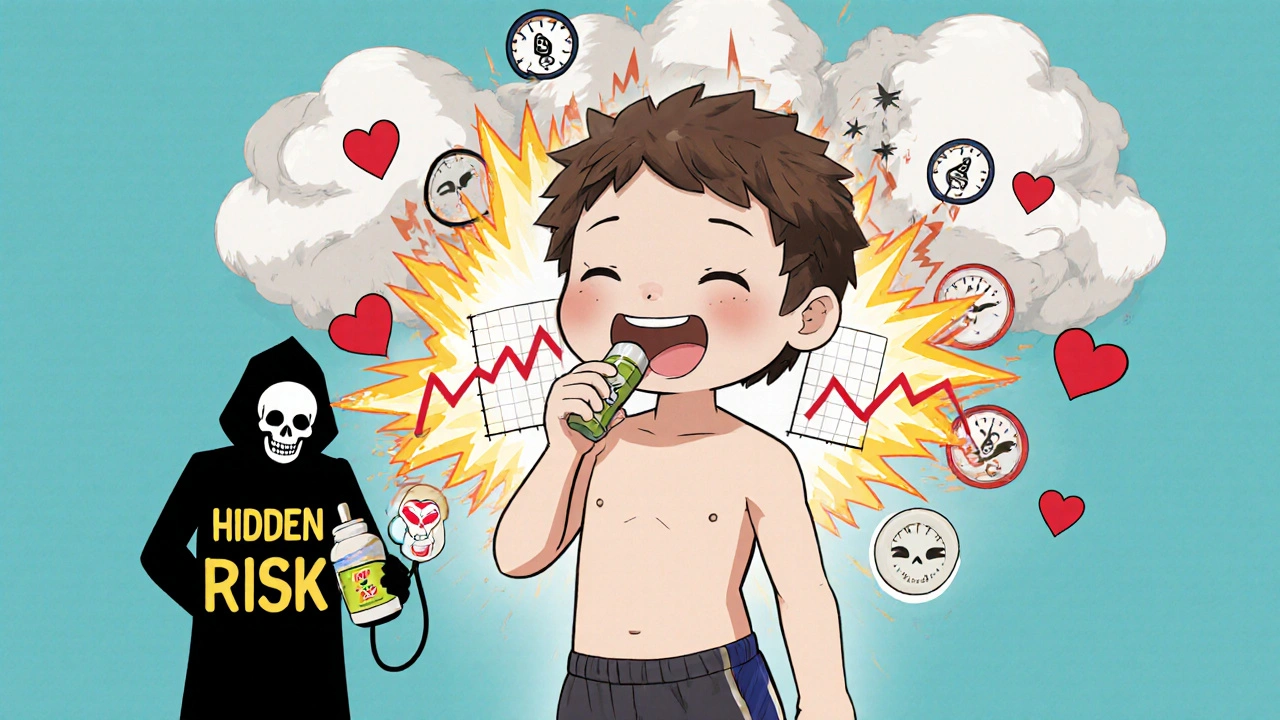 Happy person taking yohimbe as their body transforms into a storm of rising blood pressure graphs.