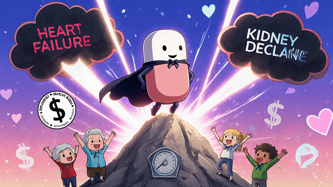 Heroic pill defeating heart and kidney disease clouds as patients celebrate below.