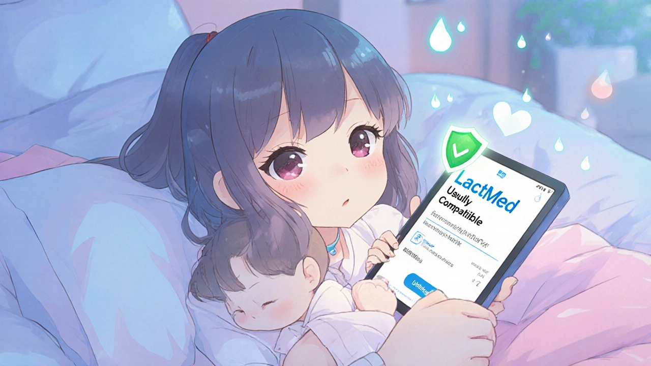 Mother peacefully using a tablet to check breastfeeding drug safety.