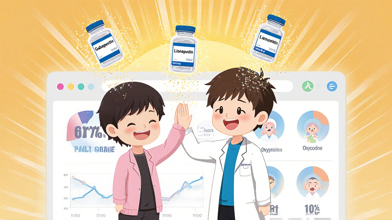 Pharmacist and patient high-five as dangerous duplicate prescriptions vanish into sparkles, symbolizing safe medication management.