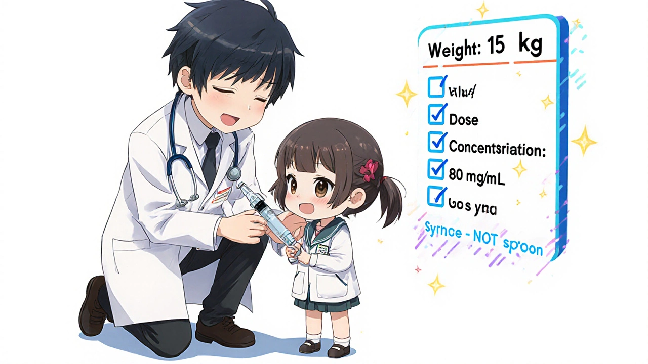 Pharmacist showing parent how to use a syringe for accurate pediatric medicine dose