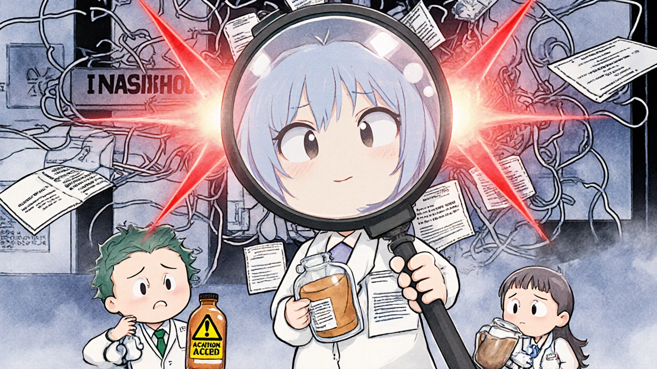 Pharmacist using magnifying glass to reveal dangerous drug interactions among confused patients.