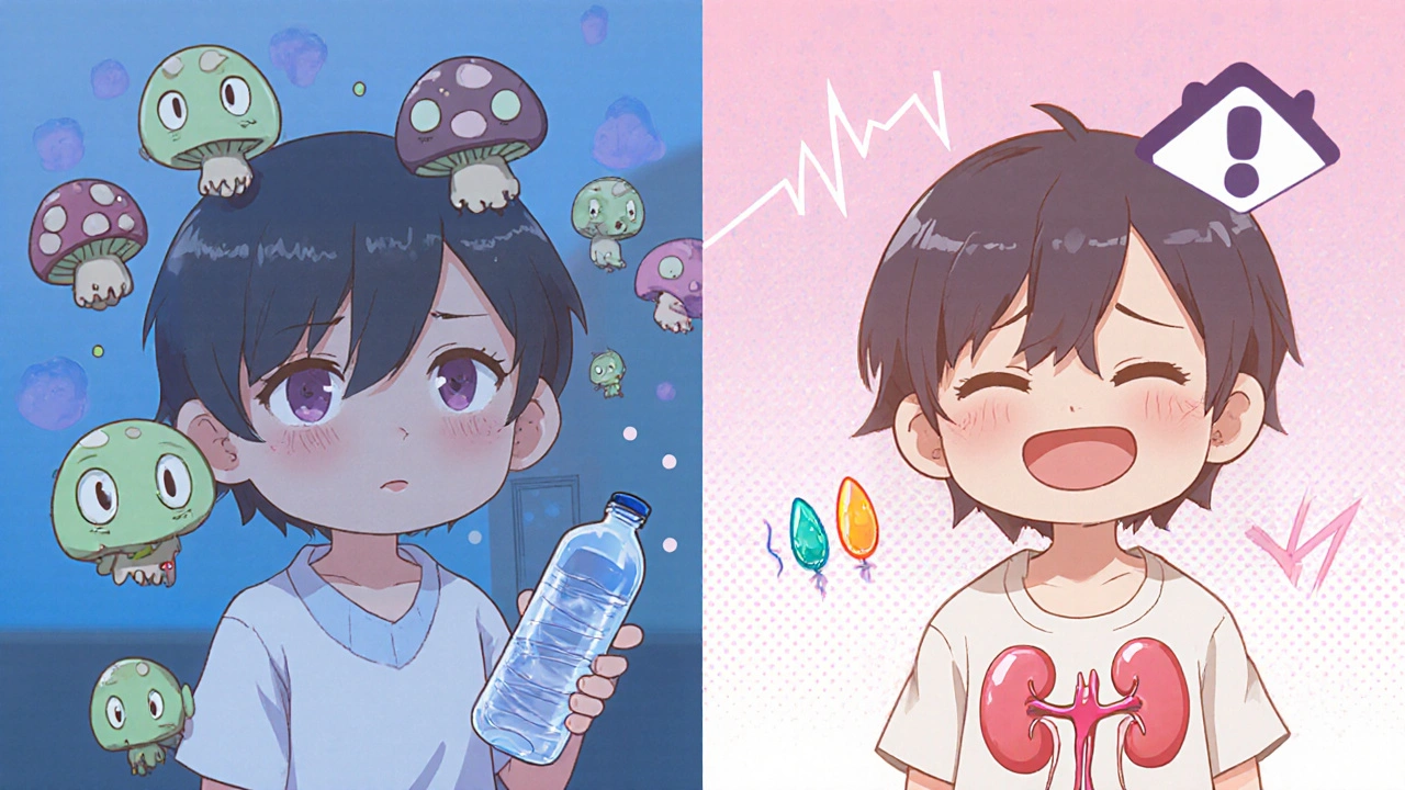 Split scene: patient facing yeast infection on one side, healed with heart and kidney glow on the other.