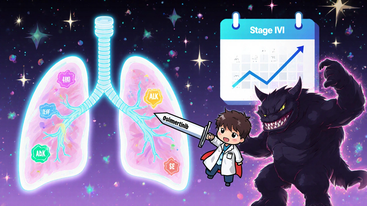 Tiny superhero defeats cancer monster with targeted therapy pill inside a glowing lung.