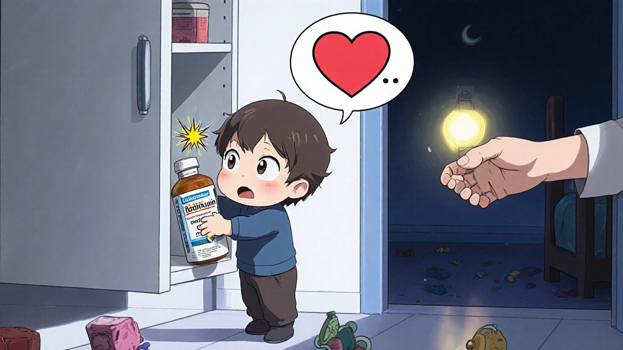 Toddlers reaching into a medicine cabinet, grabbing a cold medicine bottle.