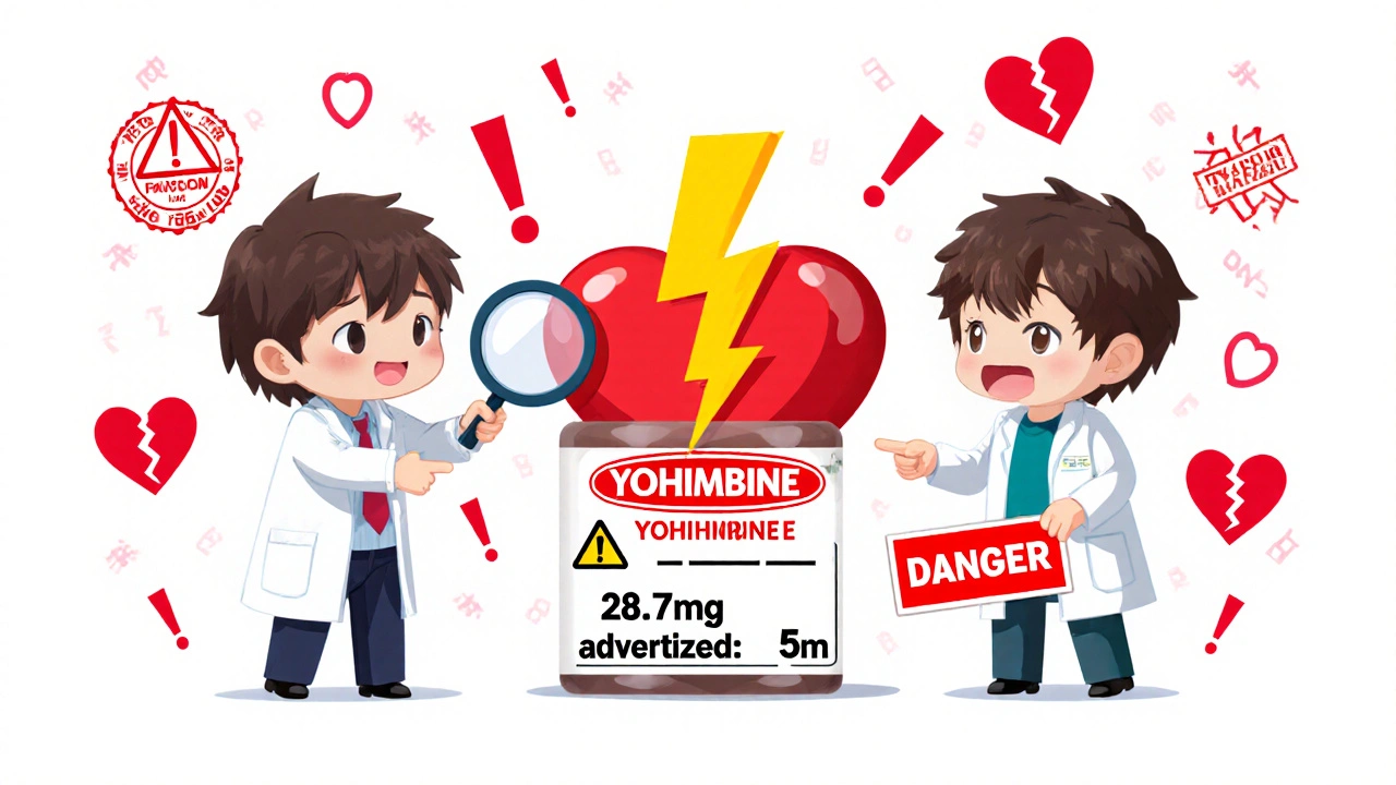Two chibi doctors warning about dangerously mislabeled yohimbe supplement with floating danger icons.