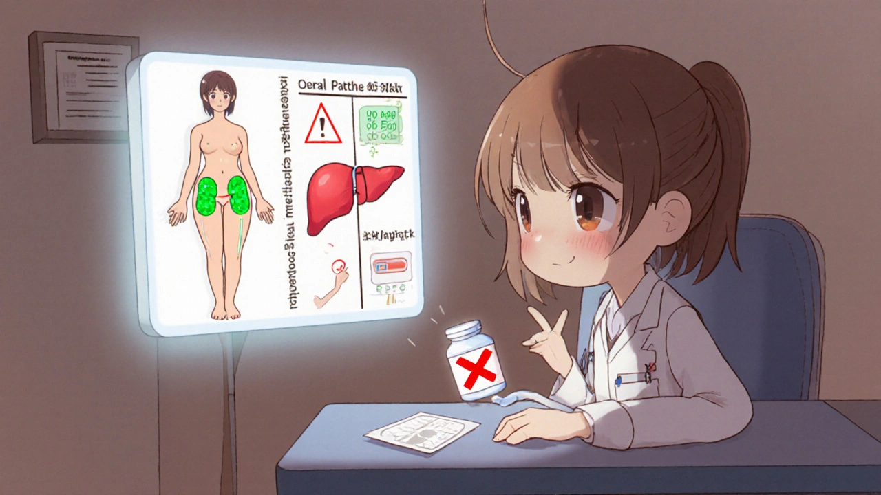 Woman at doctor’s office with visual comparison of pill vs. patch risks.