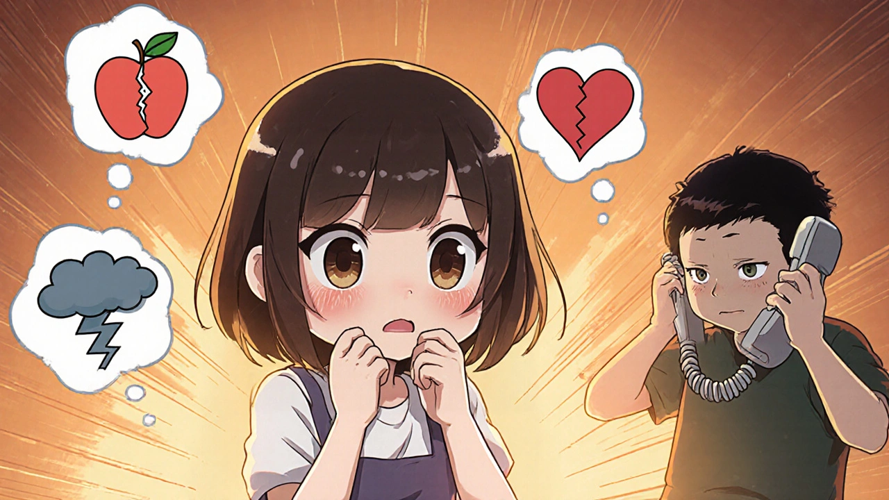 Woman with jaw and stomach pain, friend calling 911, symbolic icons floating around her.