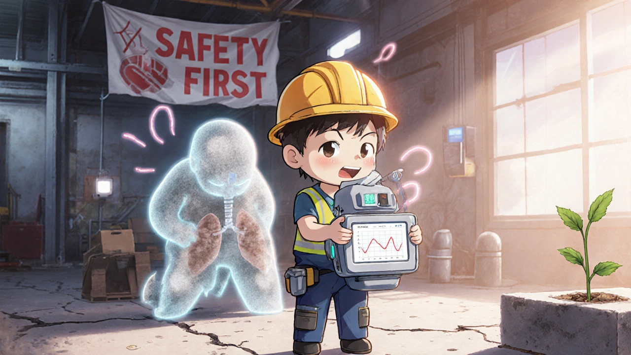 Worker with healthy lung scan as dusty ghost fades behind them