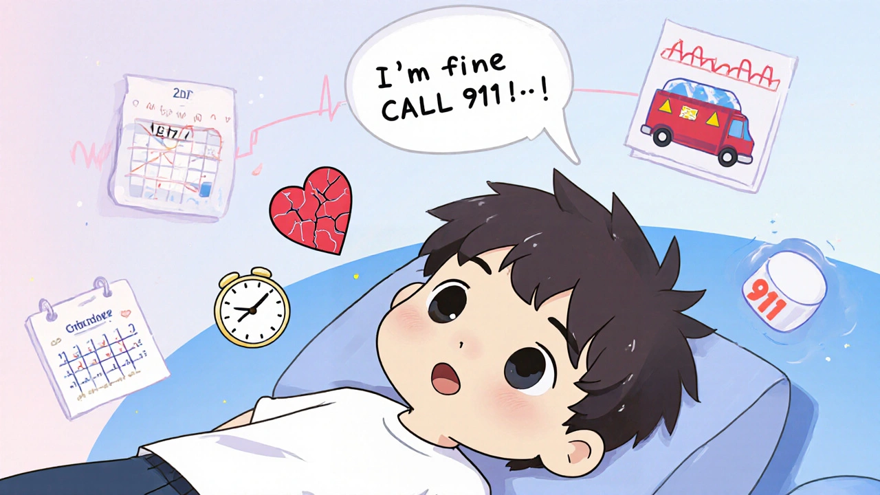 Young person lying down with heart attack symbols and aspirin nearby, tiny ambulance in background.