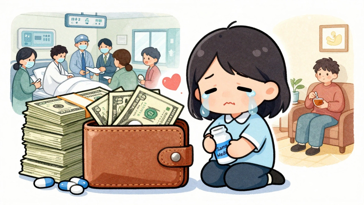 A shrinking wallet next to cheap generic pills and a happy patient.