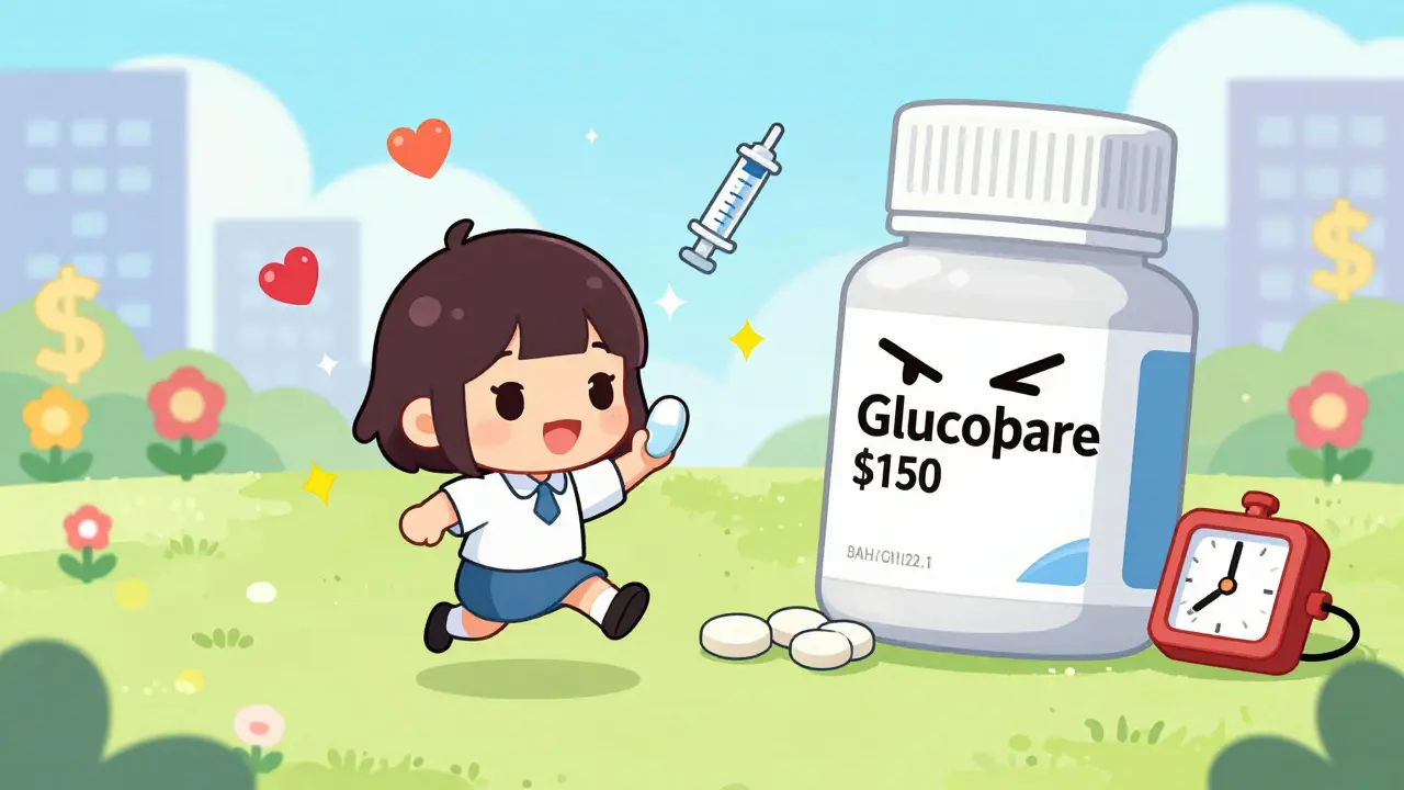 A small patient happily skipping past a defeated brand-name drug.