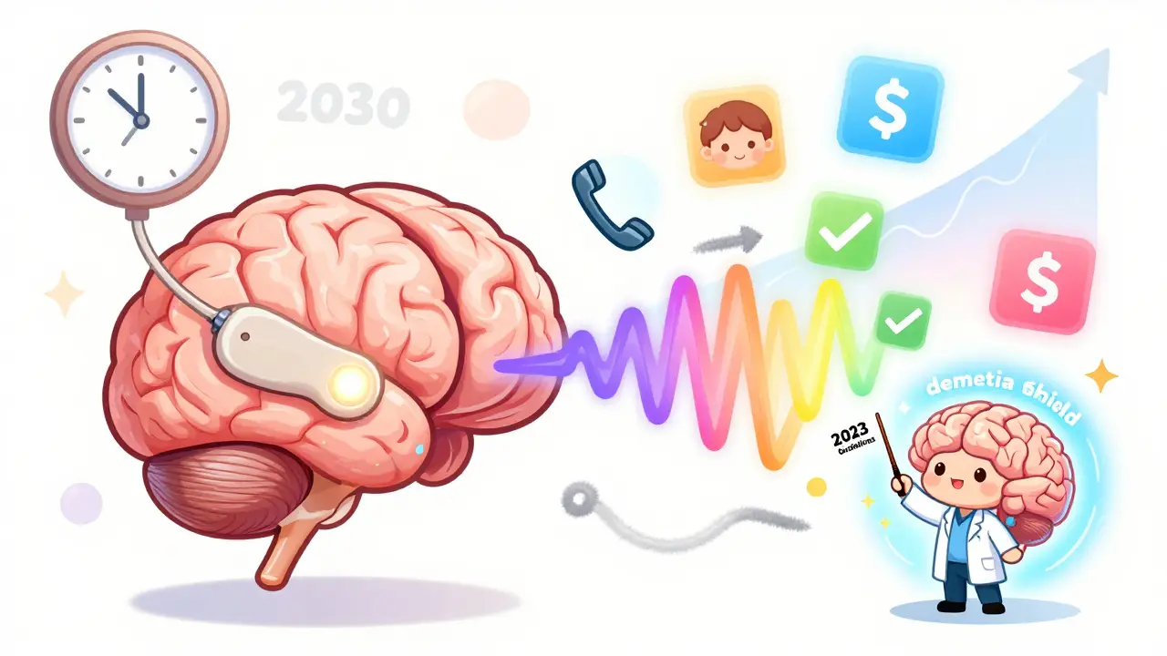 Animated brain with cochlear implant converting fuzzy sounds into colorful speech, guided by a doctor with 2023 guidelines.