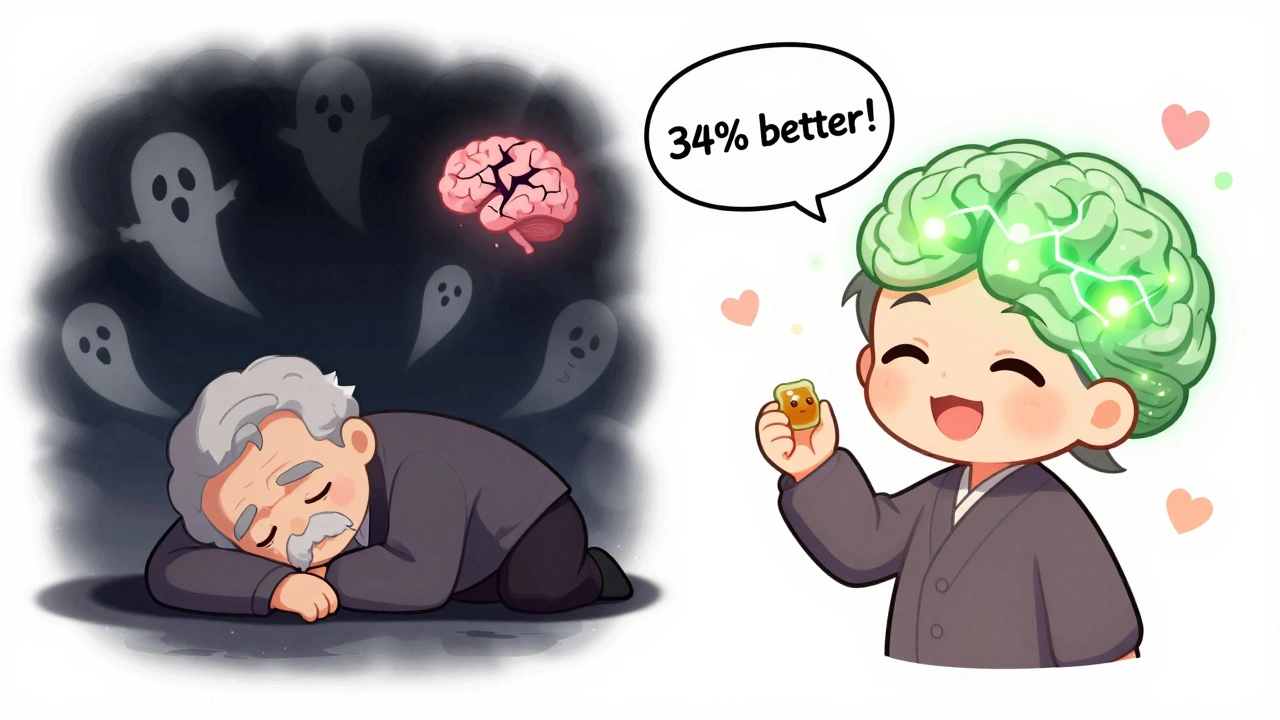 Before-and-after chibi scene: confused elderly person transforming into a healthy, smiling one with glowing brain cells.