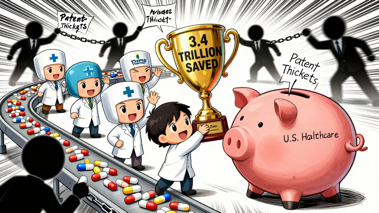 Chibi drugmakers celebrating a giant savings trophy with pills flowing into a piggy bank.