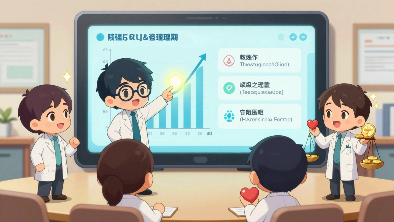 Chibi P&amp;T committee reviewing clinical data with glowing graphs and cost-effectiveness icons.