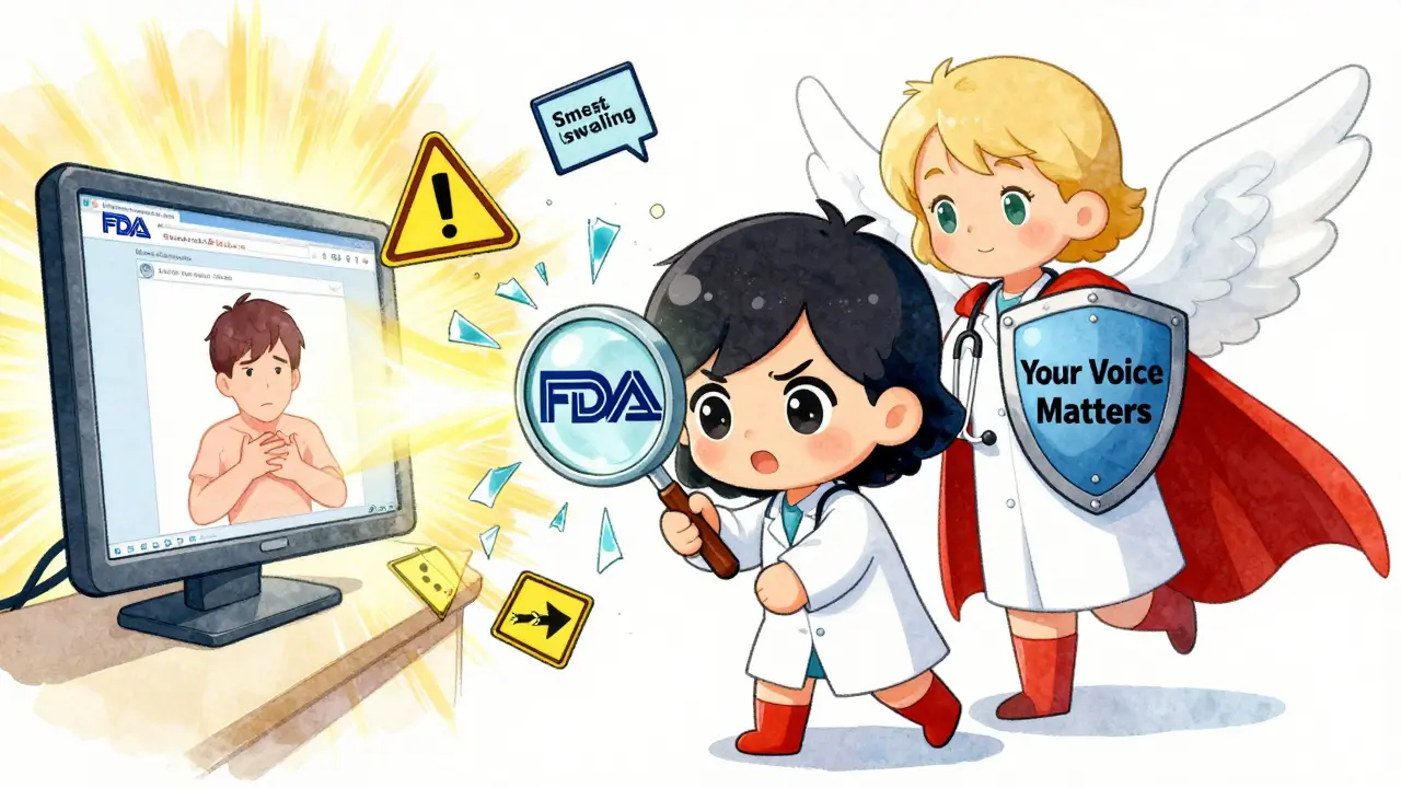 Chibi patient using a magnifying glass to reveal FDA safety info, protected by a medical angel.
