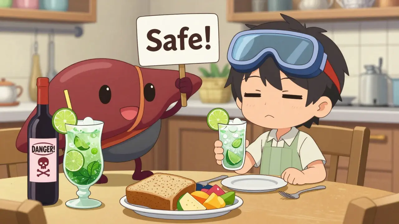 Chibi person drinking safe vodka soda while dangerous sugary drinks are labeled with danger signs.