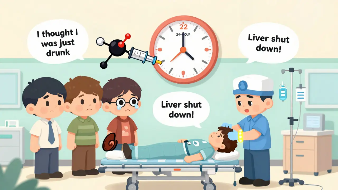 Chibi person in ER with medical ID glowing as alcohol and insulin battle above, friends confused.