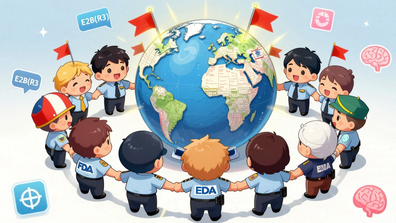 Chibi regulators from USA, EU, and Japan uniting around a globe of patient data.