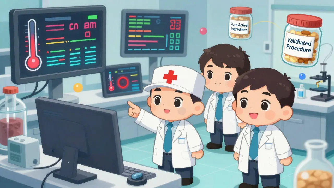 Cute lab workers monitoring colorful real-time data streams in a cartoonish pharmacy lab.