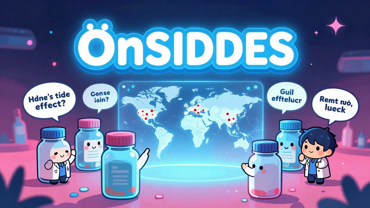 Cute medicine bottles exploring real-world side effect data on OnSIDES map