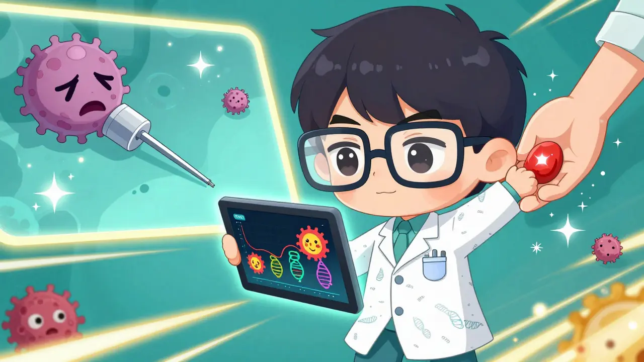 Cute oncologist analyzing colorful ctDNA graphs on a tablet with cartoon tumors.