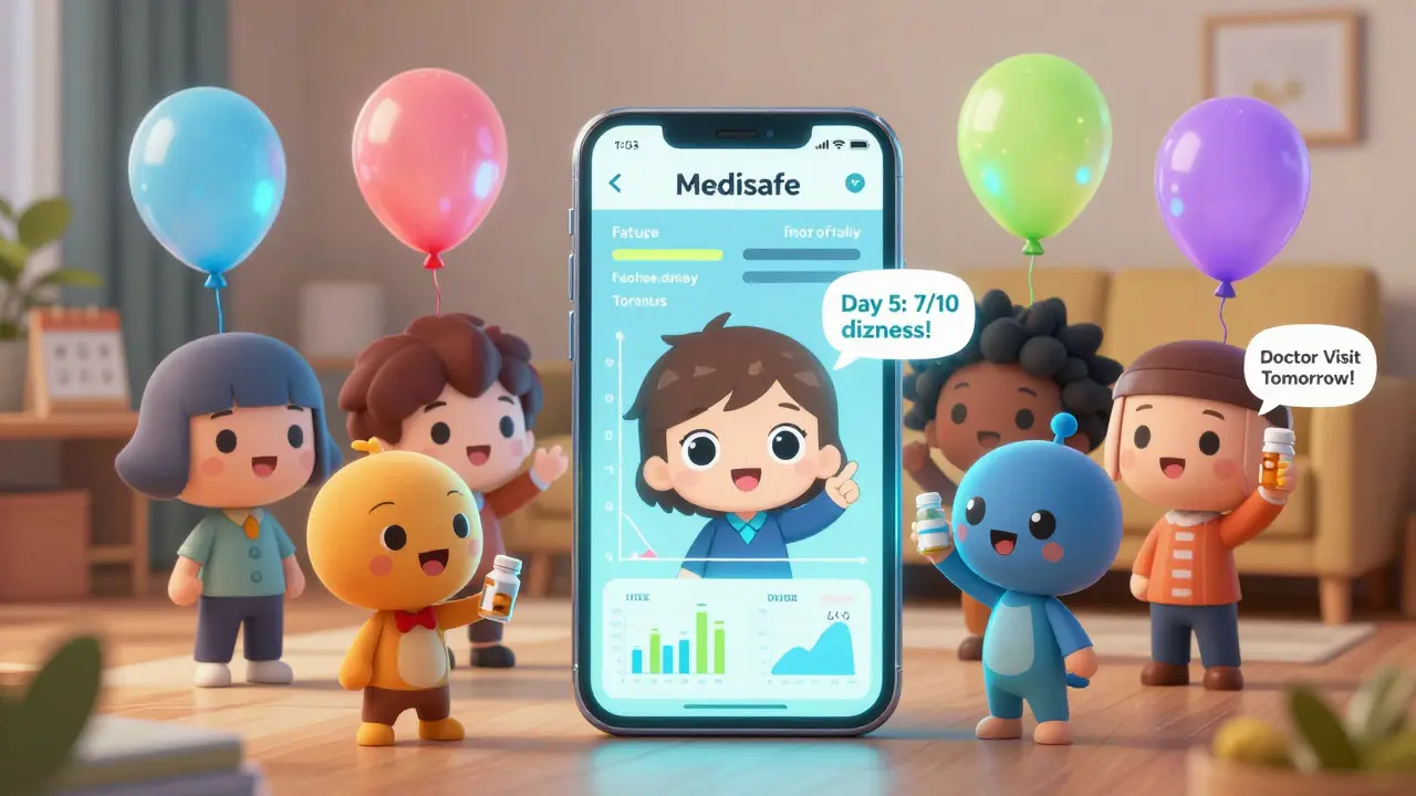 Diverse chibi characters using a glowing app to track medication side effects with holographic charts.