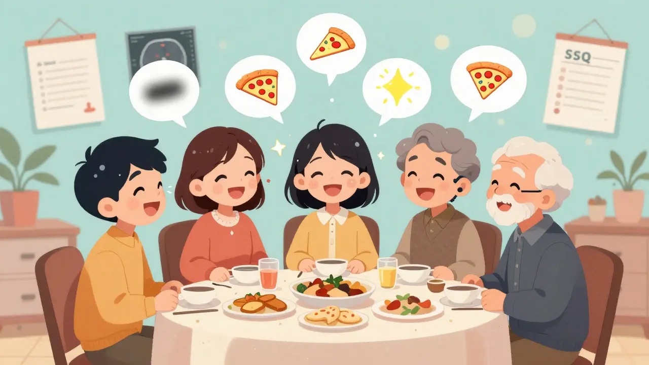 Diverse family laughing together, one with cochlear implant, clear speech icons floating above them during dinner.