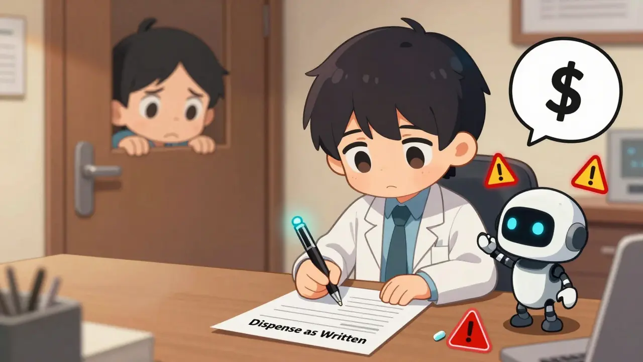 Doctor writes 'Dispense as Written' as a tiny insurance robot tries to force a generic drug onto the prescription.