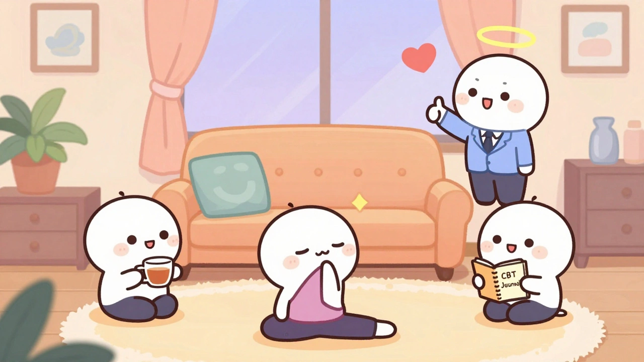 Friendly chibi characters practicing self-care with tea, stretching, and journaling in a cozy room.