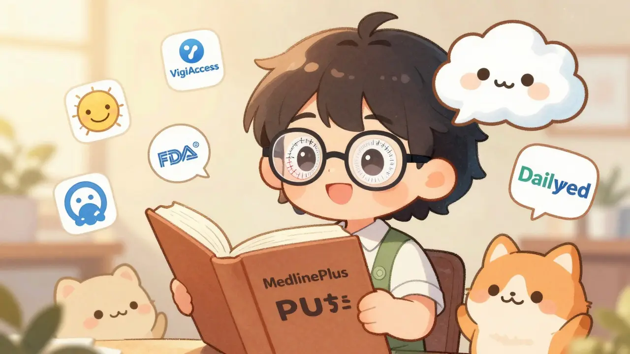 Friendly librarian character explaining medication risks with MedlinePlus cloud