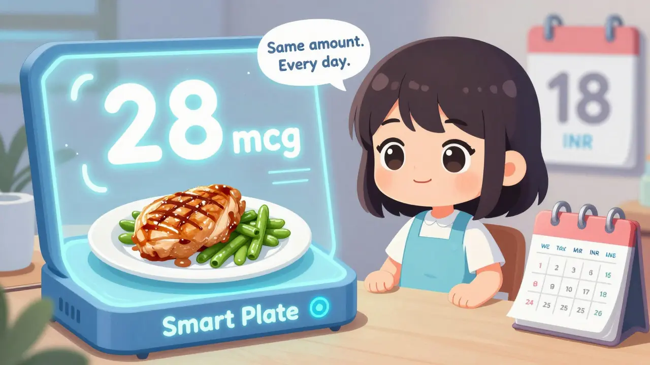 Futuristic smart plate showing vitamin K content of a balanced meal