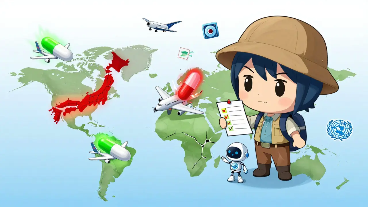 Global map shows allowed and banned medications with airplanes and warning icons.