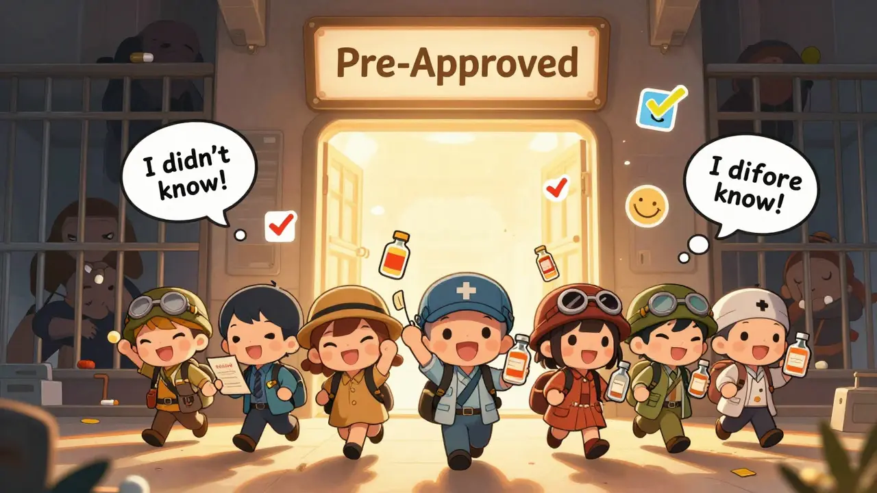 Happy travelers pass through pre-approval portal with doctor's letters and medicine bottles.