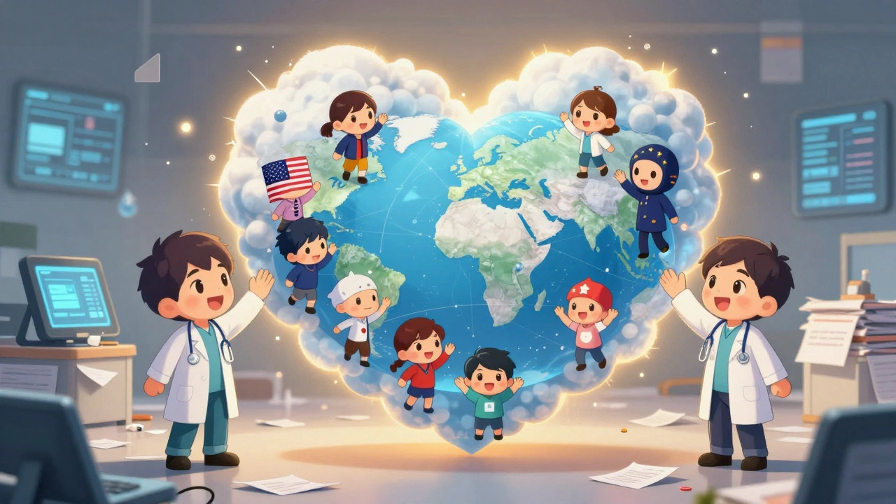 Heart-shaped safety data traveling from a clinic to a global monitoring system.