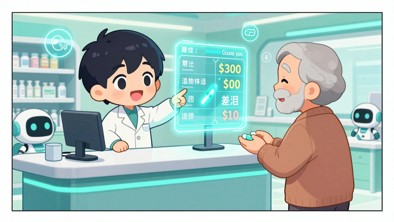 Holographic pill journey display at a pharmacy showing cost difference between brand and generic drugs.