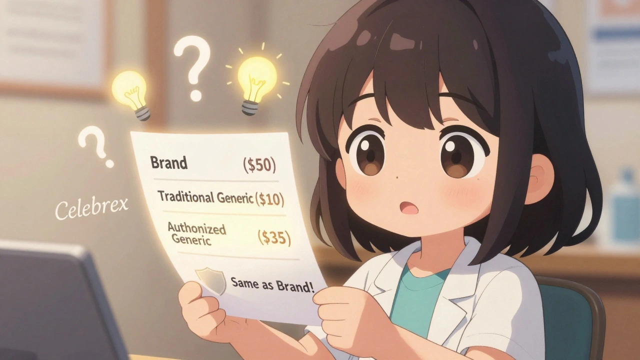 Patient choosing between pill options, with the authorized generic glowing as the safest, identical choice.