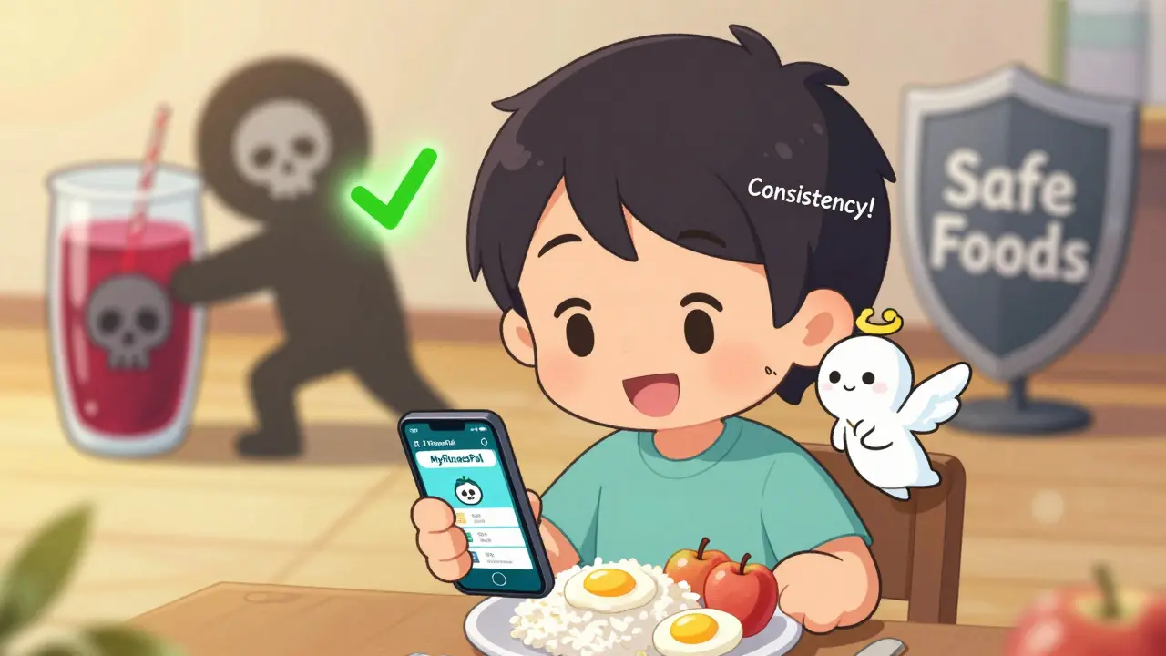 Patient logging safe foods on a phone app with a glowing checkmark