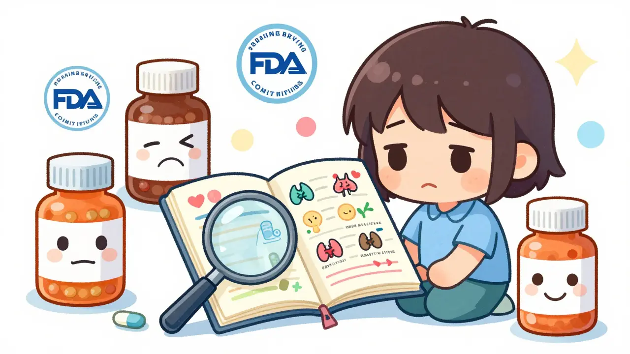 Patient logs symptoms in a journal beside three different generic pill bottles, one frowning, one smiling.