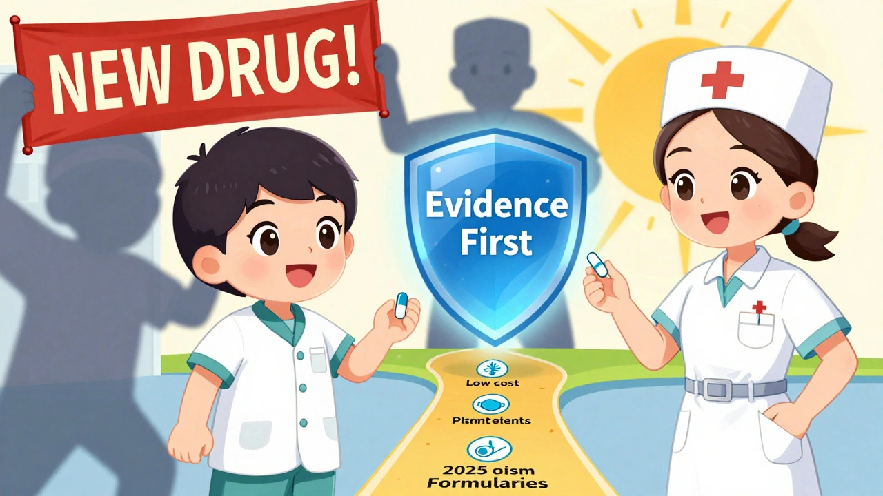 Patient receiving a generic pill while a pharmaceutical rep is blocked by an 'Evidence First' shield.