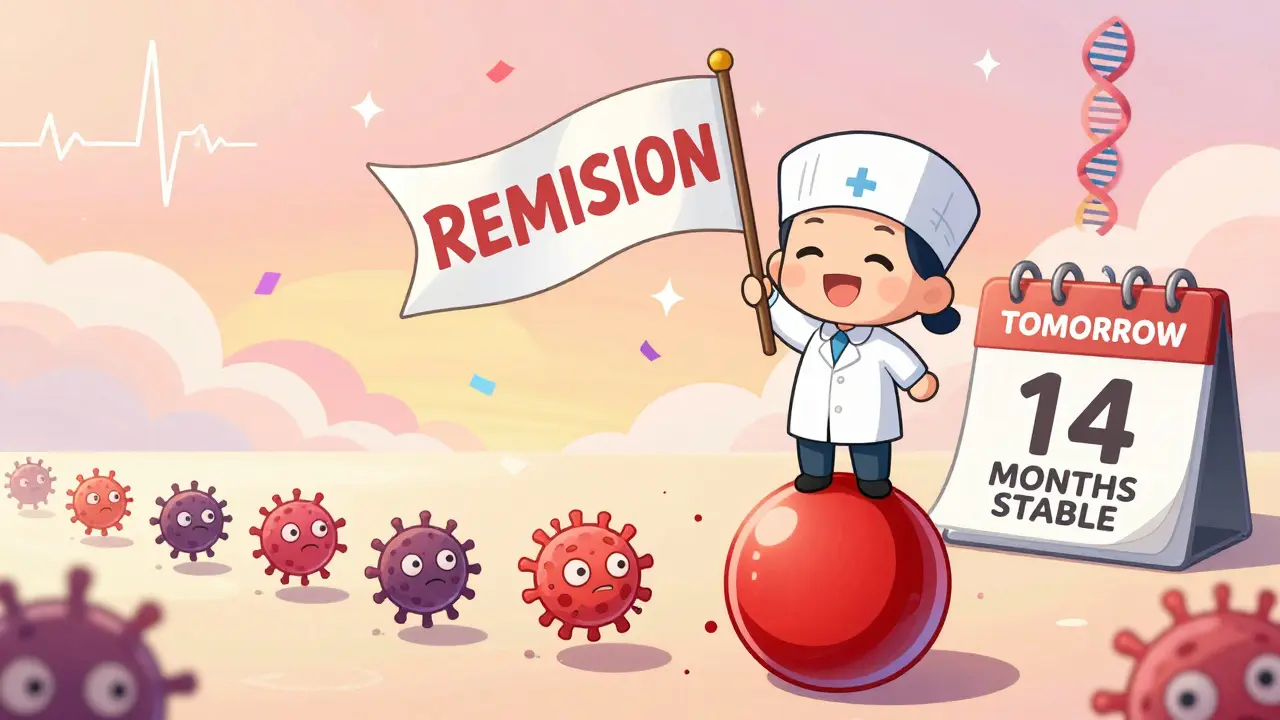 Patient standing on a blood drop holding a ctDNA flag, cancer cells running away.