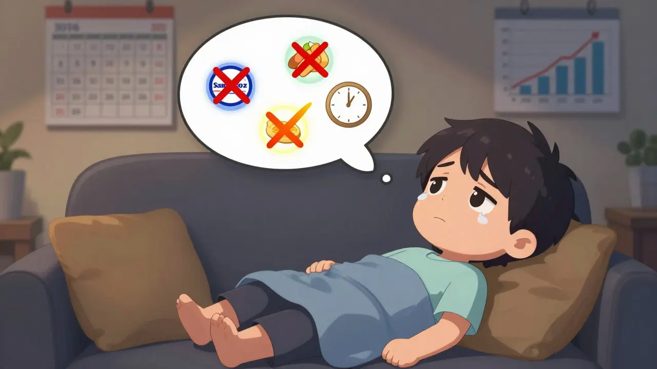 Patient thinking about generic pill brands, one glowing with checkmark, others crossed out.