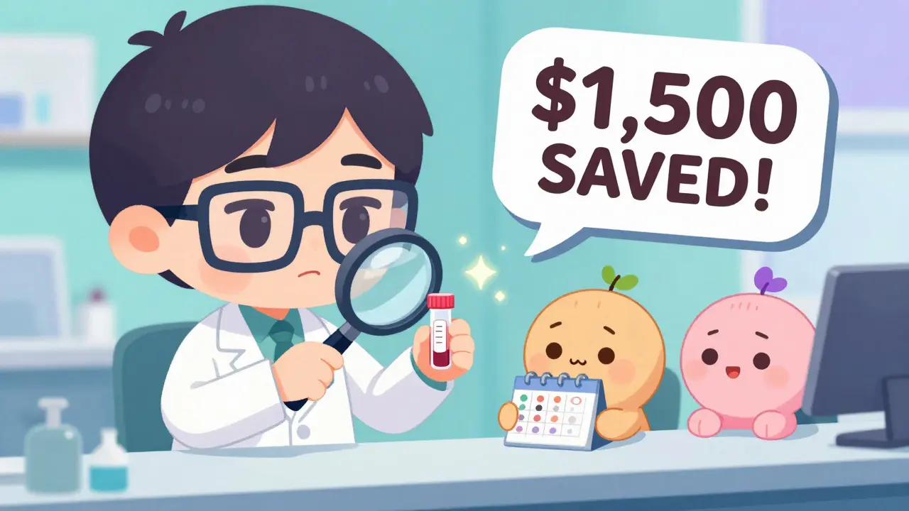 Pharmacist checking blood levels as two patients watch nervously, medical icons nearby.