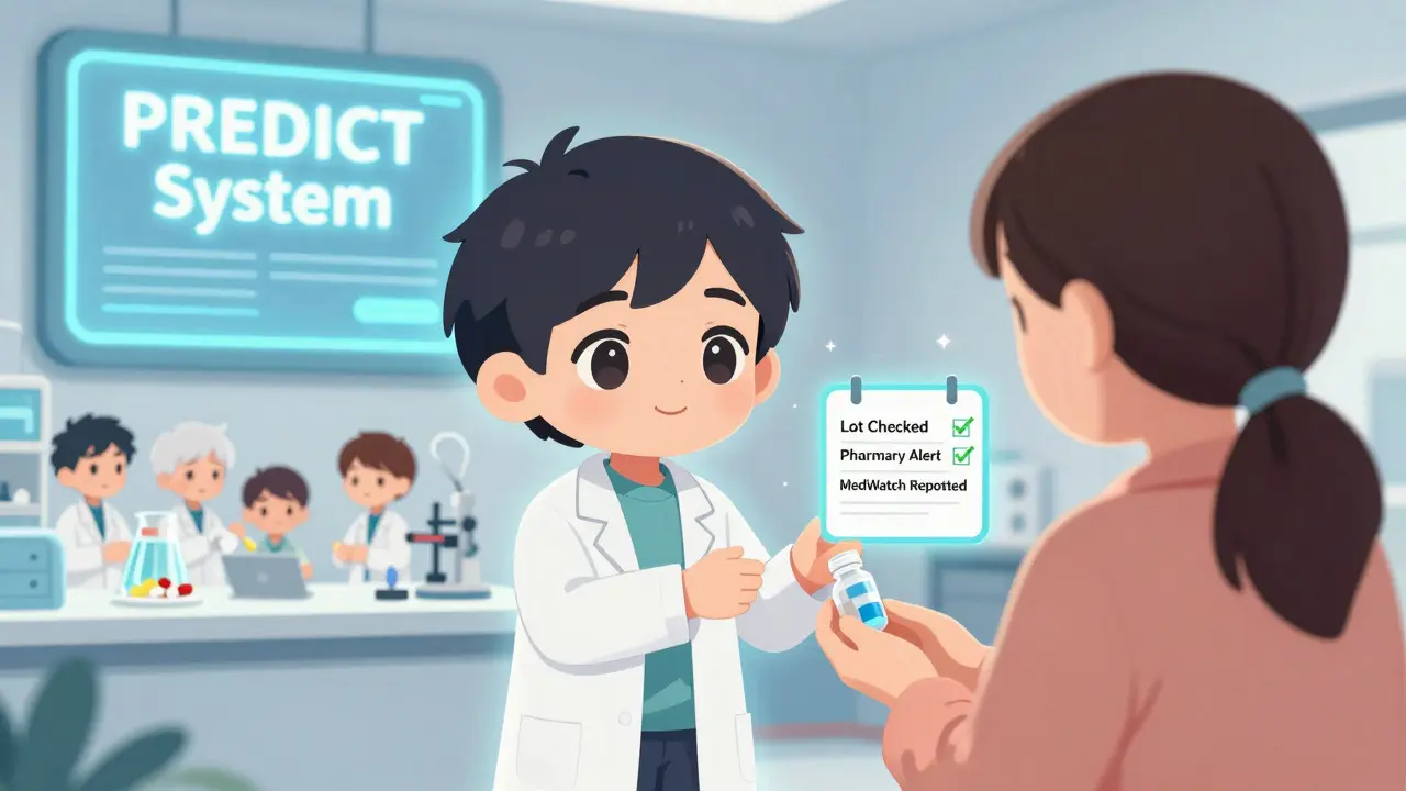 Pharmacist gives safe replacement pill with verification checklist floating nearby