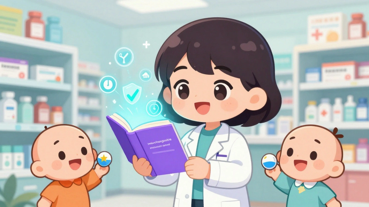 Pharmacist showing a glowing Purple Book with FDA approval icons to smiling patients.