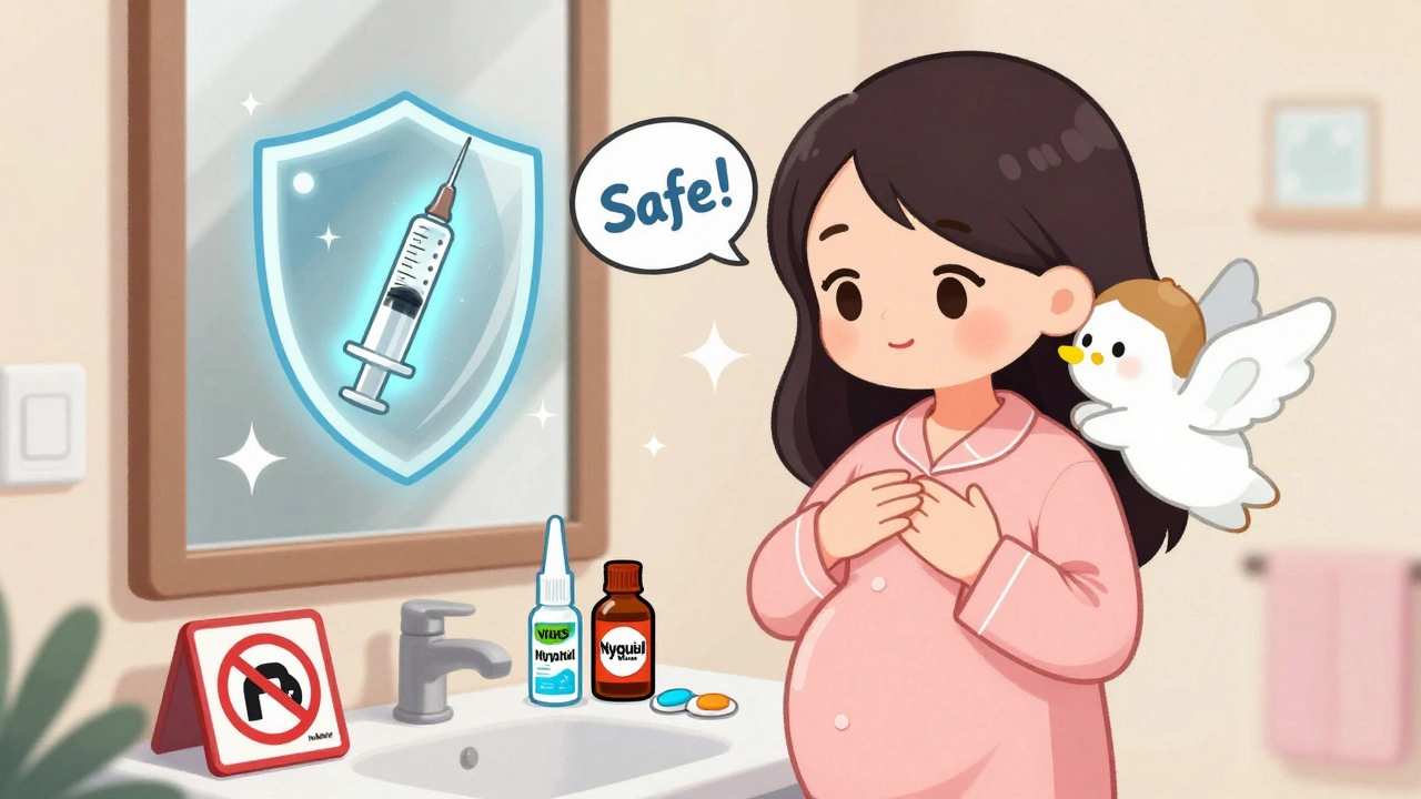 Pregnant woman applying Vicks Vapor Rub with safe and unsafe medicine symbols in chibi anime style.