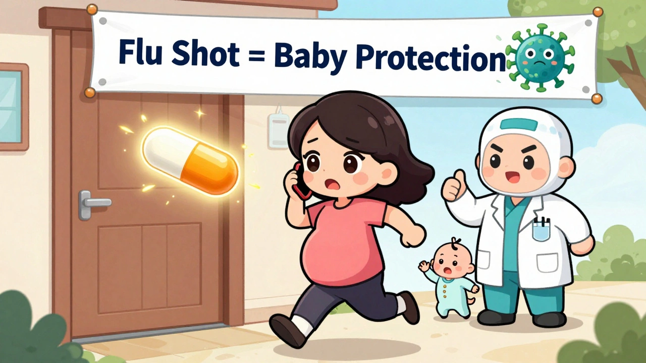 Pregnant woman rushing with Tamiflu capsule floating toward her, baby waving inside belly, flu shot banner behind.